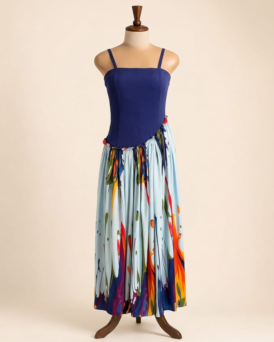 Navy & Splash Print Long Dress