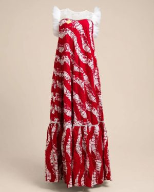Red Batik Tiered Dress with Lace Trim