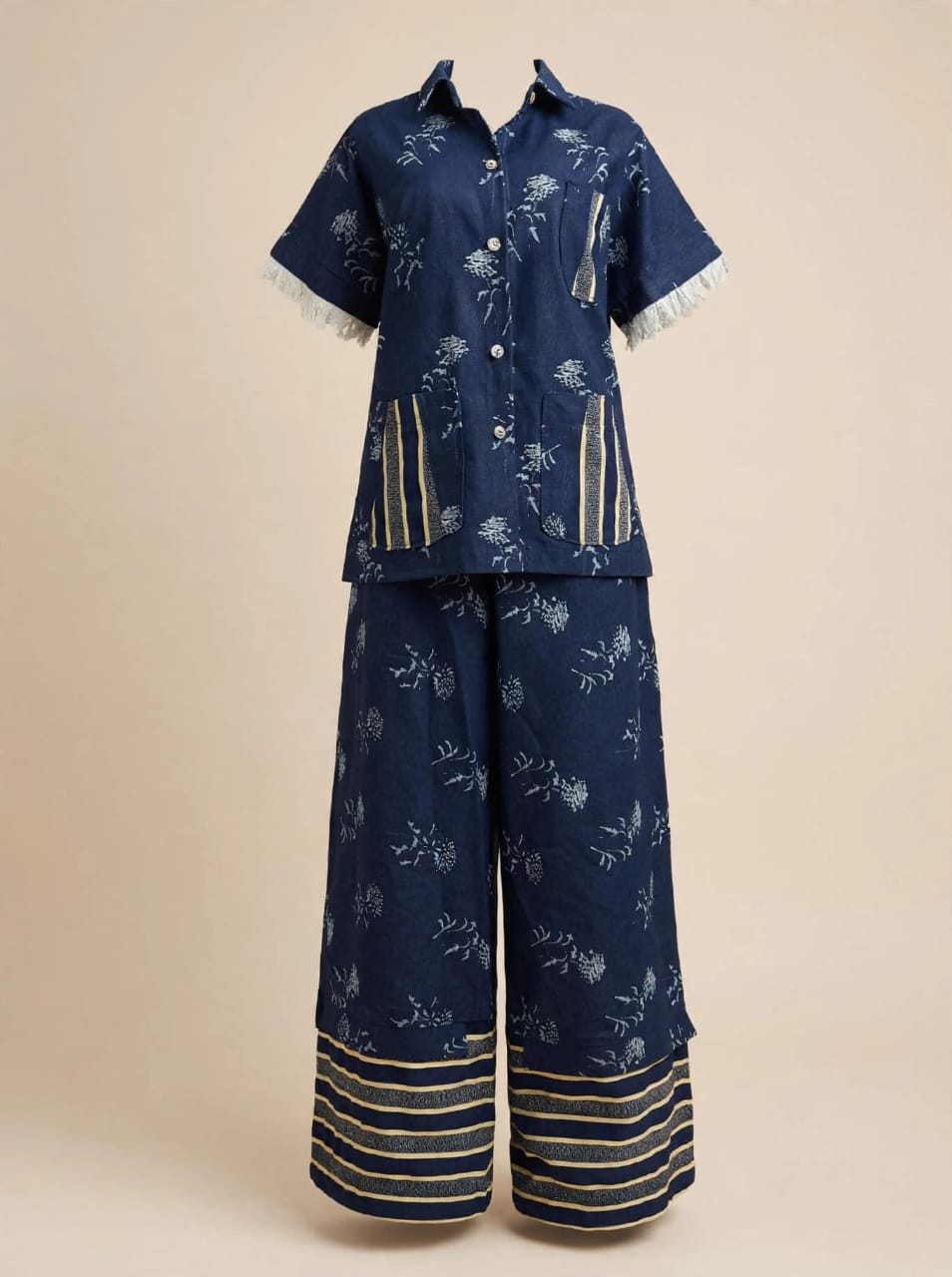 Navy Print Shirt & Wide Pants Set
