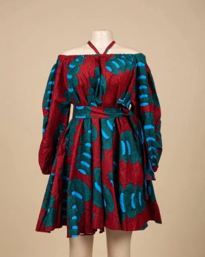 Red & Teal Print Halter Dress