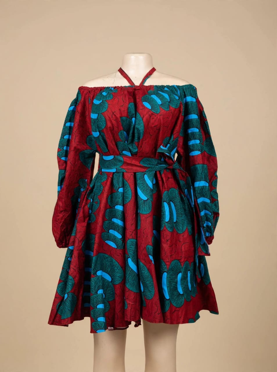 Red & Teal Print Halter Dress