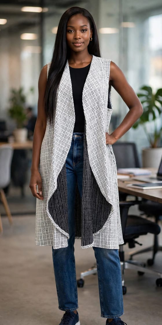 White Tweed Sleeveless Duster - Image 2
