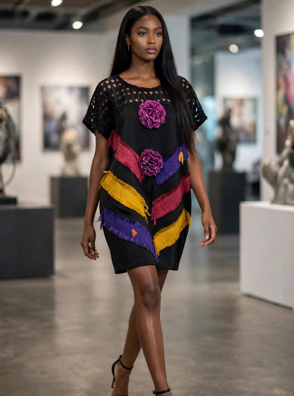 Black Fringe & Rosette Dress