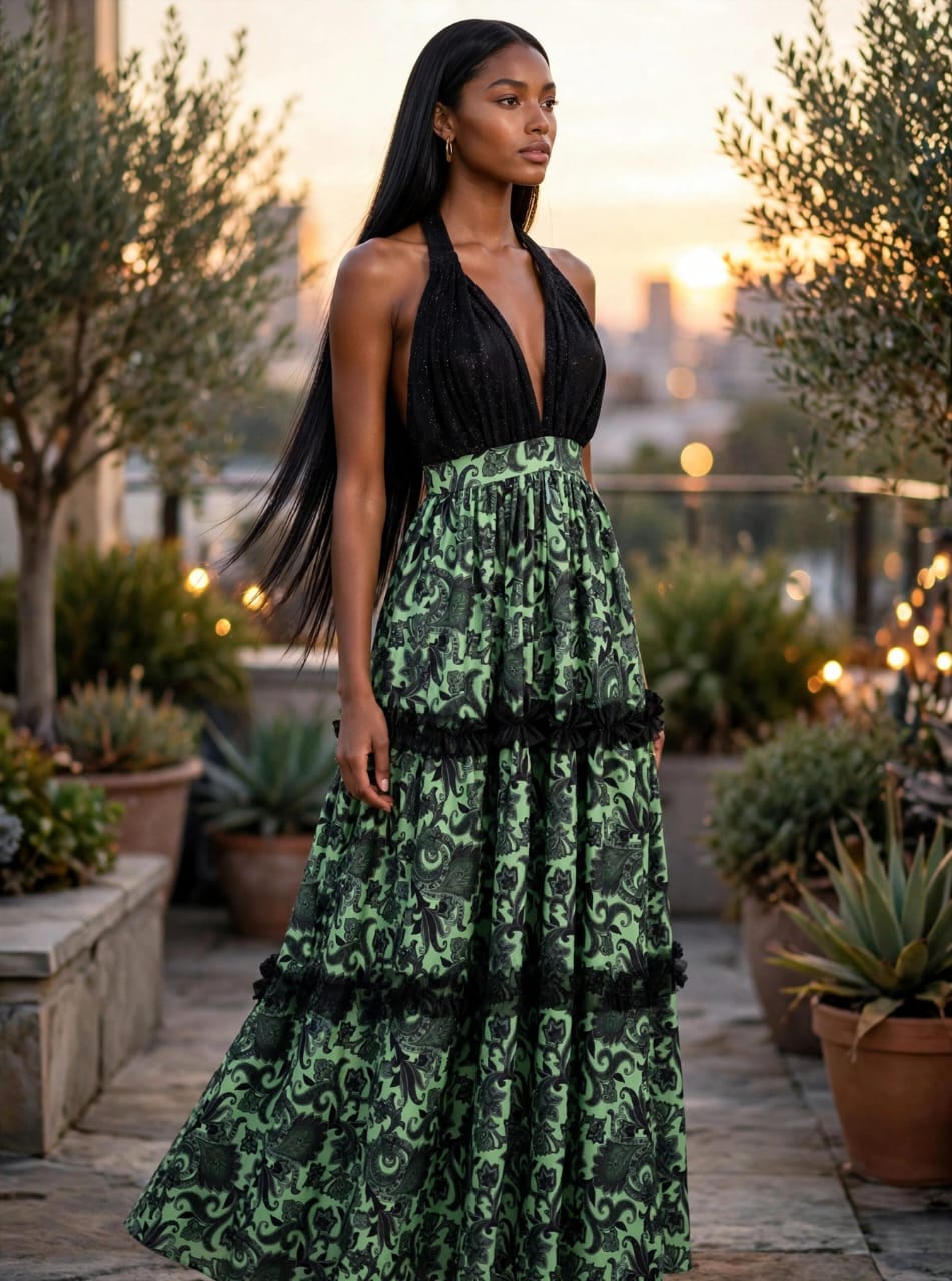 Green Paisley Tiered Dress - Image 2