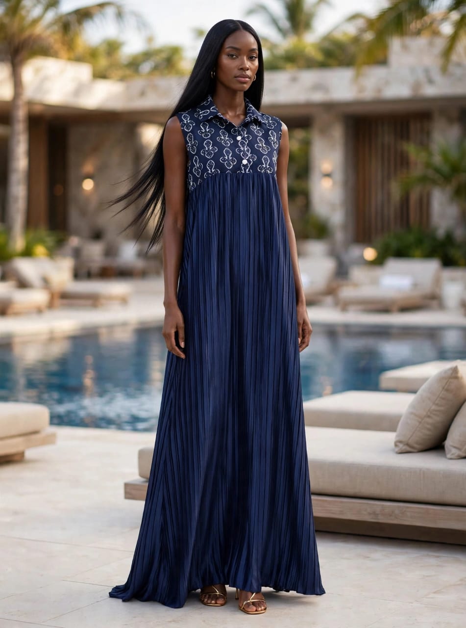 Navy Print Pleated Dress - Image 2