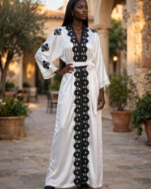 White Satin Robe with Black Lace Trim